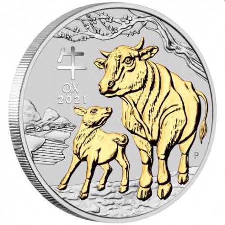 Australian Lunar Series III 2021 Year of the Ox 1oz Silver Gilded Coin