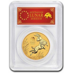 PM Lunar 3 RABBIT 1 oz GOLD 2023 BU $100 Australia PCGS MS 70