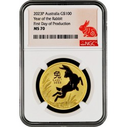PM Lunar 3 RABBIT 1 oz GOLD 2023 BU $100 Australia NGC MS 70 First day of Production