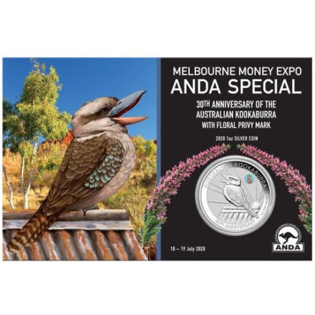 Melbourne Money Expo ANDA Special 30th Anniversary Kookaburra 2020 1oz Silver Coin with Pink Common Health Privy