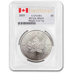 Canada 1 oz silver MAPLE LEAF 2025 $5 BU PCGS MS 70 