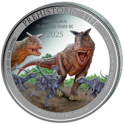 1 oz silver Prehistoric Life 2 CARNOTAURUS 2025 COLOURED bu 20FR BU