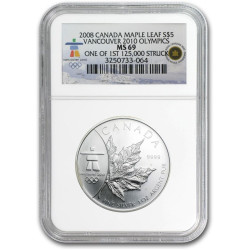 Canada VANCOUVER 1 oz silver MAPLE LEAF 2008 $5 BU NGC MS 68