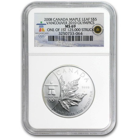 Canada VANCOUVER 1 oz silver MAPLE LEAF 2008 $5 BU