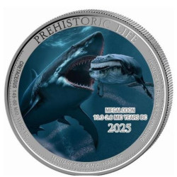 1 oz silver Prehistoric Life 2 MEGALODON 2025 COLOURED bu 20FR BU