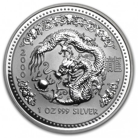 SINGAPORE 2 oz silver DRAGON 2000 $10 COLOURED Proof Piedfort