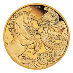PM 1 oz GOLD DRAGON & HORSE 2026 $100 bu Myths & Legends Proof Box + Coa