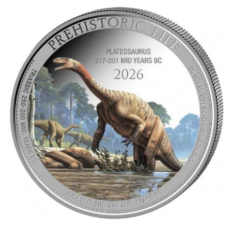 1 oz silver Prehistoric Life 2 PLATEOSAURUS 2026 COLOURED bu 20FR BU